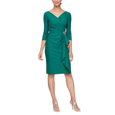 Imagem de Alex Evenings Vestido feminino para coquetel, manga 3/4, caimento curto, emagrecedor, convidada de casamento, (tamanho pequeno e regular), Babado esmeralda, 40