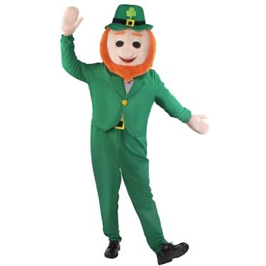 Imagem de Kofero Fantasia de duende masculina Dia de São Patrício Mascote Macacão Adulto Verde Amuletos da Sorte com Cabeça Roupa Plus Size