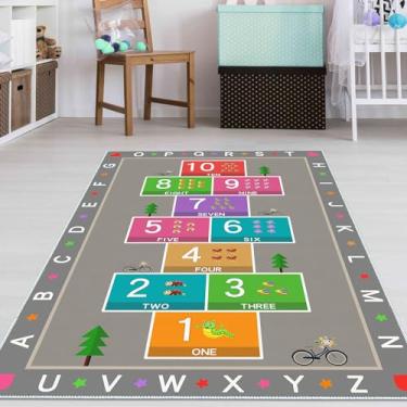 Imagem de YLZLDKH Hopscotch Tapete para crianças, tapete educativo com número do alfabeto ABC, tapete de jogo de contagem infantil para sala de jogos, sala de aula, quarto e berçário (cinza, 119 x 180 cm)
