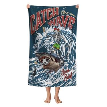 Imagem de WZOMT Toalha de praia de microfibra caveira tubarão esqueleto engraçado surf com um tubarão azul oceano toalhas de banho para crianças adultos, leve secagem rápida à prova de areia toalha de piscina,