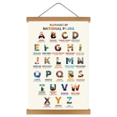 Imagem de KAIRNE Pôster ABC de parques nacionais, paisagem da natureza, impressão de arte de parede, decoração de parede temática de viagem com moldura magnética de madeira para pendurar (48 x 63 cm) alfabeto
