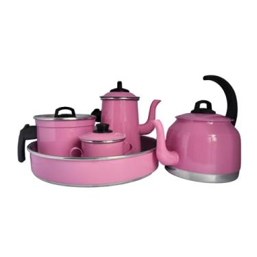Imagem de Conjunto Kit Café Chá 5 Peças Alumínio Com Bule Chaleira Açucareiro Leiteira e Forma (Rosa Bebê)