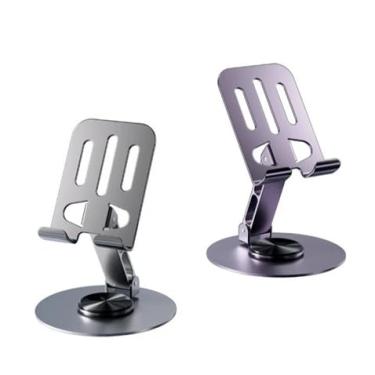 Imagem de Suporte para Tablet Celular e Smartphone em Alumínio Ajustável Resistente Apoio para Mesa Portátil Dobrável Articulado Pedestal Base Giratória Ajustável 360º Rotativa PREMIUM