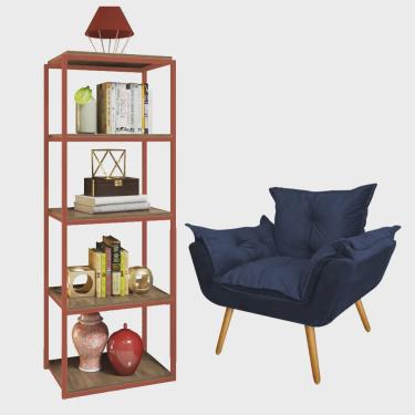 Imagem de Kit Poltrona Fatte com Estante Livreiro Ferro Bronze mdf Castanho Suede Azul Marinho - Ahazzo Móveis
