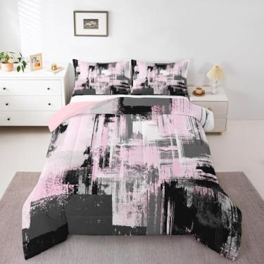 Imagem de Feelyou Conjunto de edredom geométrico, rosa, cinza, abstrato, tamanho casal, para crianças, meninos, meninas, conjunto de edredom moderno, respirável, macio, leve, de microfibra, xadrez de búfalo,