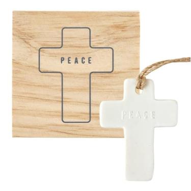 Imagem de Santa Barbara Design Studio Enfeites de Natal em caixa de presente com cruz de cerâmica, 7,9 cm x 7,9 cm, paz