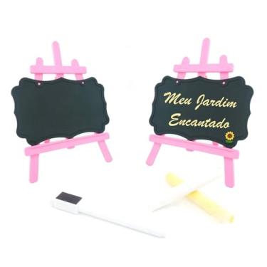 Imagem de 10 Mini Lousa Preta Plástica com Cavalete Plástico para Decoração de Festas, Mimos, Lembrancinhas e Buffet (Rosa BB)