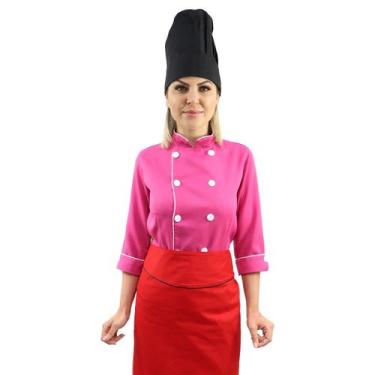 Imagem de Kit chef cozinha feminino Dolmã manga 3/4 + Avental vermelho + Chapéu 