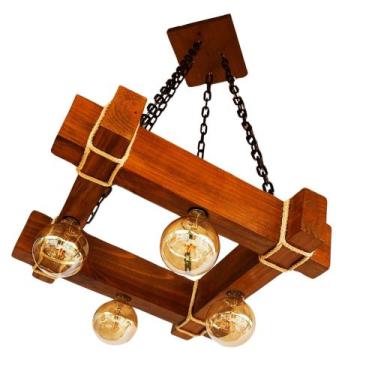 Imagem de Luminária Pendente Caibro Madeira Rústica Formato Quadrada P/ 4 Lâmpad