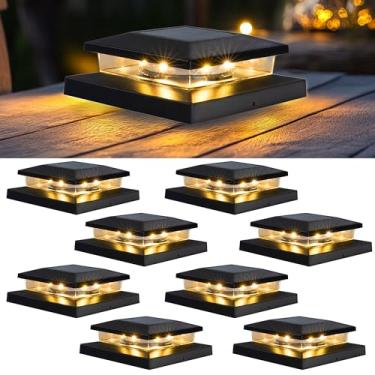Imagem de TW SHINE Luzes de poste solares ao ar livre, pacote com 8 luzes à prova d'água alimentadas por energia solar, poste de luz branca quente para varanda de jardim e pátio para postes de madeira de 10 x