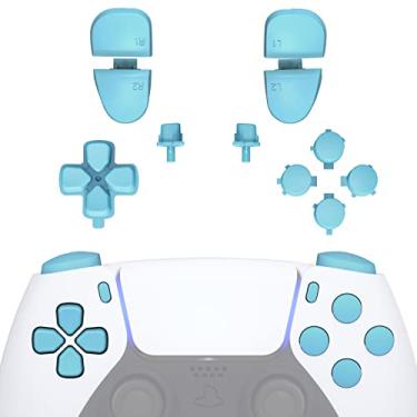 Imagem de eXtremeRate Botões de substituição D-pad R1 L1 R2 L2 Compartilhar opções de botões de rosto para controle PS5, azul celeste conjunto completo de botões de reparo com ferramentas para controle PlayStation 5
