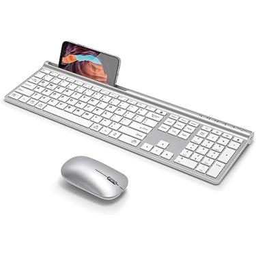 Imagem de Combo de teclado e mouse sem fio, CHESONA Bluetooth recarregável com vários dispositivos (Bluetooth 5.0 + 3.0 + 2.4 G), teclado sem fio para Mac OS/iOS/Windows/Android (branco)