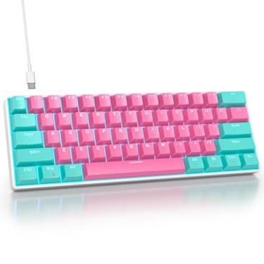 Imagem de surmen 60% teclado mecânico para jogos com interruptor vermelho linear, mini teclado rosa para jogos de 61 teclas, luz de LED, retroiluminado, teclas PBT para laptop, desktop, PC Gamers (61Miami)