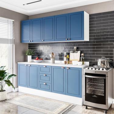 Imagem de Cozinha Pérola Com Rodapé E Tampo Aéreos Com 5 Portas, Balcão 2 Gavetas 3 Portas E Balcão 2 Portas Y Branco - Azul