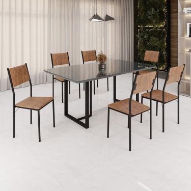 Imagem de Conjunto Sala De Jantar Mesa 160x90cm Base Lunna Tampo Mdf Laca Com Vidro Florença Marrom Preto