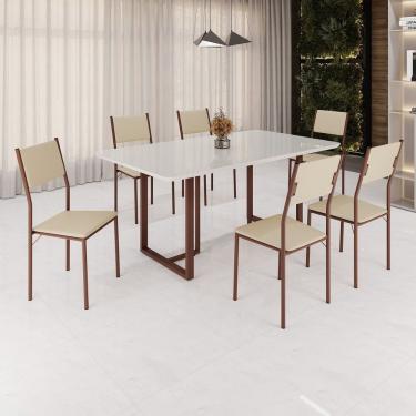Imagem de Conjunto Sala De Jantar Mesa 160x90cm Base Lunna Tampo Mdf Laca Com Vidro Florença Creme - Marrom