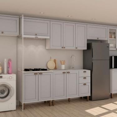 Imagem de Cozinha Modulada Completa Com Aérea De Serviço Integrada 100% Mdf Com Tampo Impermeável Branco Fendi