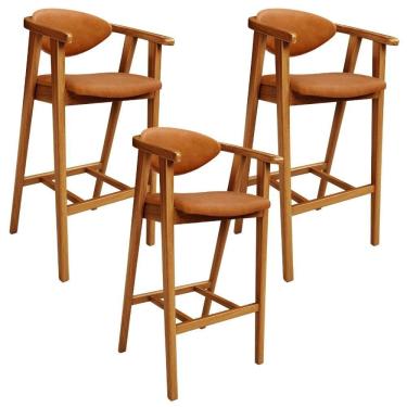 Imagem de Kit 3 Banquetas Alta Cecília L02 Assento Courino Estrutura Madeira Encosto Fixo 70 cm C...