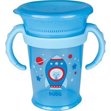 Imagem de Copo de Treinamento 210ml Gira 360° com Alça Removível Foguete Gatos Infantil Azul Menino