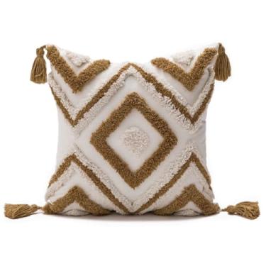 Imagem de NIDITW Capa de almofada Tufting 45,7 x 45,7 cm, listra geométrica, boêmia, luxuosa, decoração de casa, jacquard bordada, com borlas feitas à mão, macia e fofa para sofá de fazenda (marrom diamante)