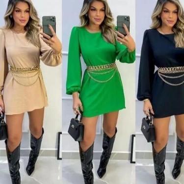 Imagem de vestido macaquinho feminino manga longa soltinho - Filó Modas, g, Verd