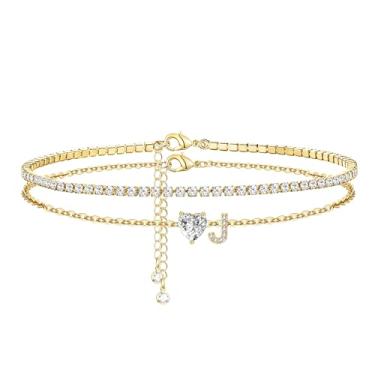 Imagem de CIOMY Tornozeleiras femininas com inicial dourada banhada a ouro 14 K, coração de zircônia cúbica, tornozeleiras femininas à prova d'água com letras ajustáveis em camadas, tornozeleira grande, verão