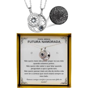 Imagem de Colar Presente Pedido Namoro Futura Namorada Conjunto Pingente Brincos Anel Retângulo Vermelho + Linda Dedicatória (PRATEADO SOL LUA EU TE AMO 100 IDIOMAS)