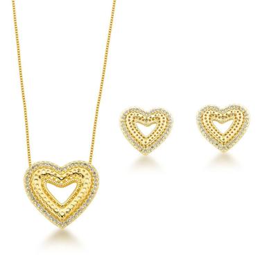 Imagem de Conjunto Colar E Brinco Coração Vazado Banhado A Ouro 18k