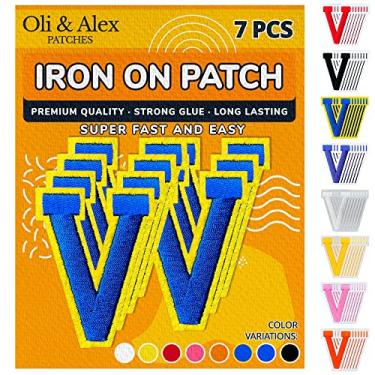 Imagem de Oli and Alex Iron On Letters 6 cm - 7 peças de adesivos azuis V letras para roupas - Super cola - sem necessidade de costura - Alfabeto bordado futebol time escola universidade - azul em amarelo, V