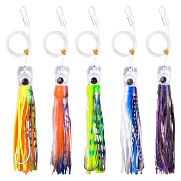 Imagem de Iscas de pesca de atum, pesca em água salgada, grande caça, alto mar, offshore com anzol de aço inoxidável, linha de pesca para golfinho de atum Wahoo Marlin Mahi (15 cm, misto)