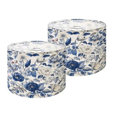 Imagem de Abajur de tambor floral vintage floral sem costura flores de primavera azul branco conjunto de abajur de 5 a 28 cm x 28 cm x 29 cm de tecido de substituição vintage para luminárias de mesa, luminárias