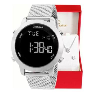 Imagem de Relógio Champion Feminino Digital LED Prata CH40062T + Kit Colar e Bri