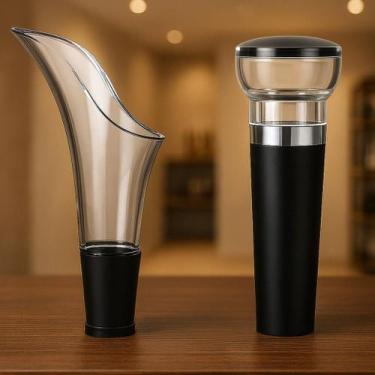 Imagem de Kit Para Vinho Com Bico Aerador Tampa A Vácuo Cortador de Lacre Abrido