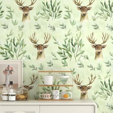 Imagem de Papel de parede de veado natural papel de parede verde para descascar e colar Boho 43 cm × 993 cm folha papel de parede autoadesivo removível para decoração de quarto papel de parede de contato com