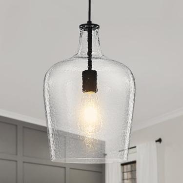 Imagem de SUNVKWEY Luzes pendentes de vidro preto ilha da cozinha, luminária pendente grande moderna com vidro espesso soprado, 1 luz de pendurar para casa de fazenda para corredor, quarto, sala de estar ampla