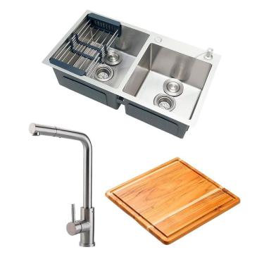 Imagem de Kit Cuba para Cozinha com Tábua de Corte Awá e Torneira Misturador Monocomando Extensível Gurupi - Prata