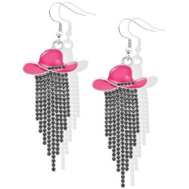 Imagem de RechicGu Western Cowgirl Chapéu Esmaltado Brilhante Strass Borla Brincos Pendentes Baile Country Concertos Rodeio Cowboy Roupas Joias Presente para Mulheres, Zinco, Sem pedra preciosa