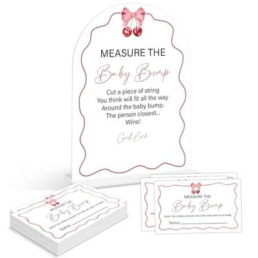 Imagem de Baby Shower Games - Cherry Measure The Baby Bump Game, 1 placa de acrílico em arco e 50 cartas de adivinhação, jogo de revelação de gênero, suprimentos de decoração de chá de bebê cereja (DP06)