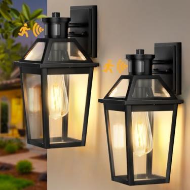 Imagem de Slypadan Luzes de varanda luzes de parede externas, sensor de movimento, luminária externa do crepúsculo ao amanhecer, pacote com 2 lâmpadas pretas para porta frontal antiferrugem, luzes externas para