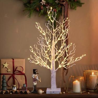 Imagem de LIGHTSHARE Bonsai de salgueiro iluminado de 61 cm, 70 mini luzes de LED, bétula branca artificial para casa, festival, casamento, presépio, festa e decoração de Natal, plugue ou bateria (branca)
