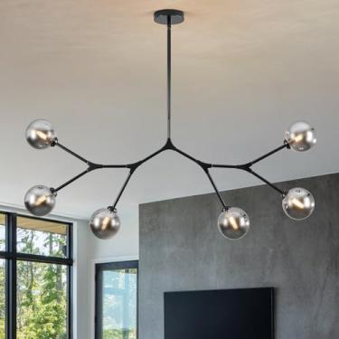 Imagem de Sparklelf Lustre Sputnik de 6 luzes para sala de jantar L118 cm luminária pendente moderna preta com sombra de vidro transparente grande lustres de meados do século para cozinha, ilha, sala de estar