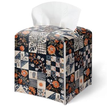 Imagem de Capa de caixa de lenços, capa de caixa de lenços de retalhos chique vintage quadrada à prova d'água, decoração de mesa para sala de estar, cozinha, penteadeira, escritório, decoração de casa estética