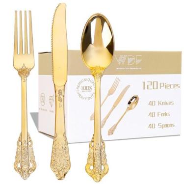 Imagem de Conjunto de talheres de plástico dourado WDF 120PCS - 40 garfos, 40 co