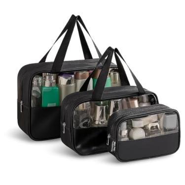 Imagem de Kit Necessaire Transparente 3 em 1 Bolsa de Viagem para Maquiagem e Higiene Pessoal Unissex – Grande Capacidade, Organizador em PVC Impermeável, Ideal para Academia, Mala, Mala de Mão (Preto)