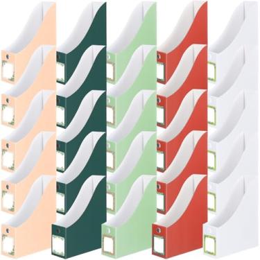 Imagem de Pasimy 25 peças Greenery Porta-arquivos de papelão organizador de revistas com adesivo de etiqueta, caixa de armazenamento de arquivos multicolorida para prateleiras de mesa, documentos, escola, sala