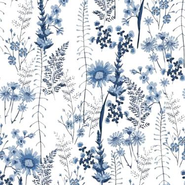 Imagem de Stickyart Papel de parede floral aquarela azul branco descasque e cole papel de parede botânico azul escandinavo autoadesivo Boho flores silvestres prado papel de contato floral para berçário parede