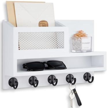 Imagem de Lucundm Porta-chaves para parede, organizador de correspondência, suporte de parede com compartimento de armazenamento e 5 ganchos de chave para casaco, coleira de cachorro, suporte de malha elegante