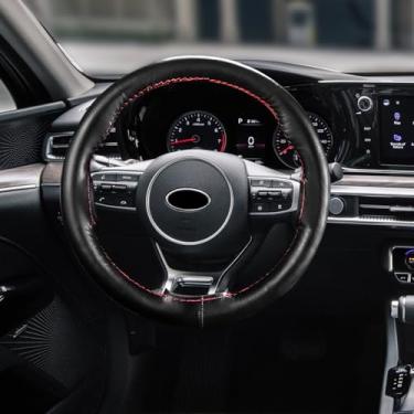 Imagem de CHRYMUM Capa de volante de couro genuíno, costura no envoltório, protetor de volante de carro antiderrapante respirável para diâmetro máximo de 38 cm, serve para carro, caminhão, SUV barco, costura