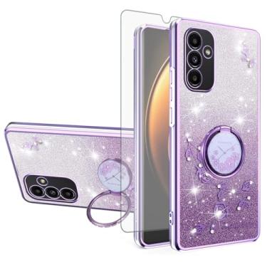 Imagem de Asuwish Capa de telefone para Samsung Galaxy A13 5G com protetor de tela de vidro temperado anel suporte Bling Glitter Clear Hybrid TPU capa protetora A04S M13 G5 A 13 2022 13A A135G SM A136U roxo