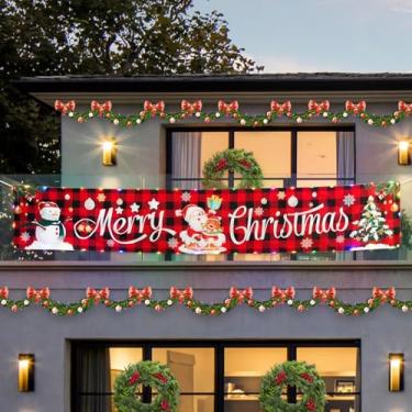 Imagem de Banner solar grande de Feliz Natal, 304.8 cm x 50.8 cm LED Iluminado Decoração de Natal Vermelho Buffalo Xadrez Pendurado Placa Enorme, Suprimentos para Festas de Férias, Decoração de Casa para